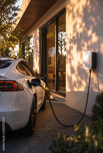 Electric Car Charging at Modern Home Charging Station – Sustainable Mobility, Clean Energy and Eco Friendly Transportation Concept