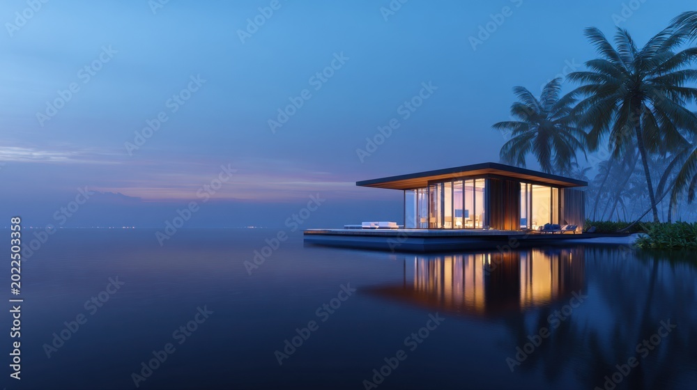 Obraz premium A serene modern house on stilts by the water, surrounded by palm trees at twilight