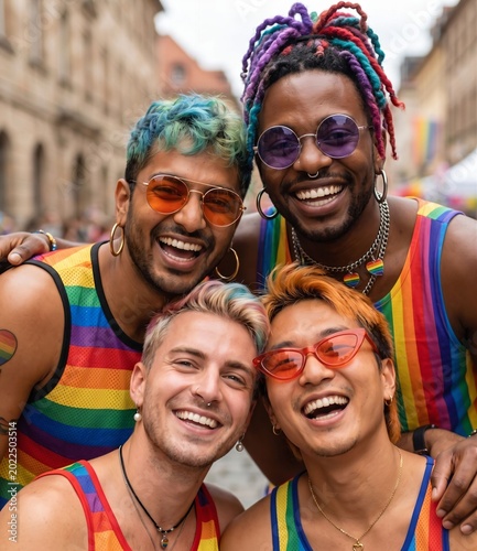 Cheerful Diverse Group of Friends Celebrating LGBTQ Pride Festival Together in Rainbow Fashion with Vibrant Urban Community Spirit