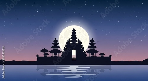 Silhouette of Balinese Gate Candi Bentar with Full Moon Night Background