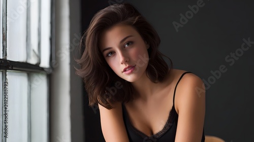 A moody portrait of a stylish woman positioned near a window highlighted by soft natural light against a dark background