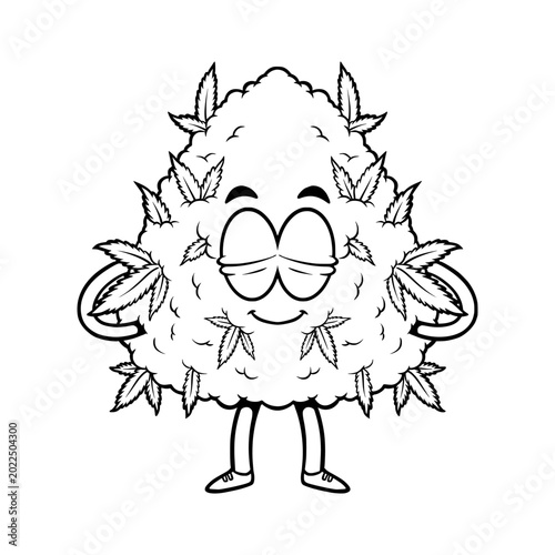 Cute Cannabis Bud Mascot Standing Relaxed Cartoon Vector Illustration, black and white