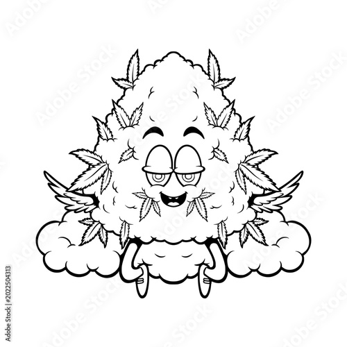 Cute Floating Cannabis Bud Mascot Cartoon Vector, black and white