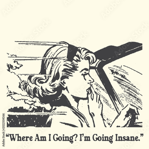 Konstfotografi Woman driving car looking stressed text about going insane mental health road tr