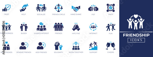 Friendship icons featuring holding hands, hearts, partner, group, handshake, and supportive people for social connection, community, and partnership visuals.