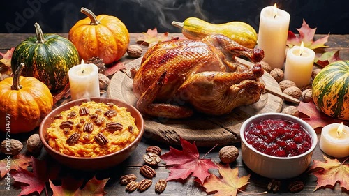 Thanksgiving Dinner Celebration Featuring Roasted Turkey Surrounded By Autumn Pumpkins, Candles, And Colorful Leaves On Rustic Table