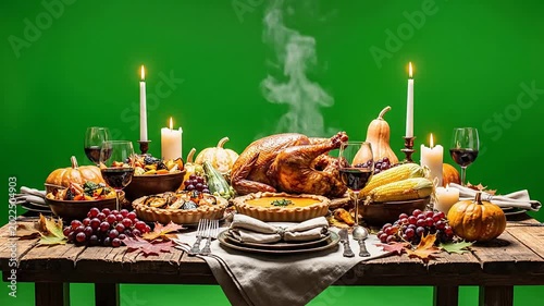 Thanksgiving Feast With Roasted Turkey Surrounded By Seasonal Dishes And Decorations On A Green Screen Background For Easy Compositing
