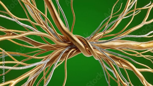 Ultra-Macro Abstract Visualization of Intricate Golden and Silver Twisted Strands Against a Vibrant Green Background