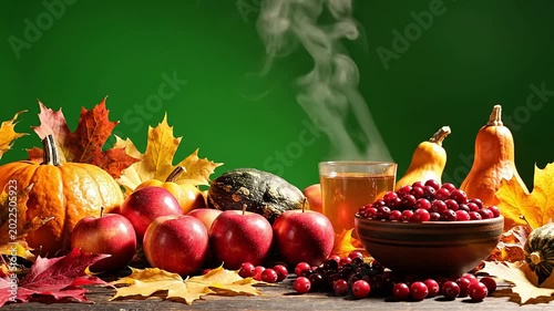 Vibrant Autumn Harvest Scene Featuring Fresh Apples, Cranberries, Pumpkins, Gourds, and Hot Beverage Surrounded by Colorful Fall Leaves on Rustic Wooden Table