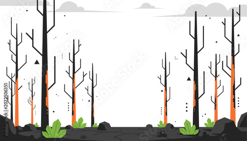 Photos Burned forest landscape vector illustration showing wildfire aftermath with char