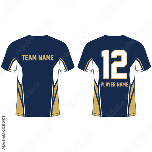 Front and back view of customizable blue and gold sports jersey mockup