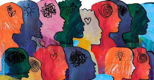 Abstract illustration of diverse human profiles with different emotions and thoughts symbols, concept of neurodiversity, mental health awareness, psychology, and collective consciousness