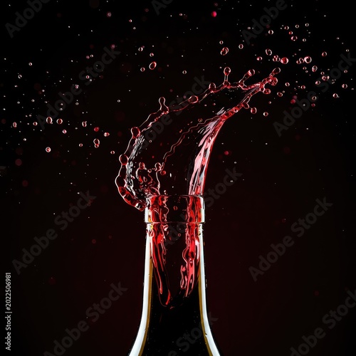 Dramatic high-speed capture of rich red wine splashing vigorously out of an uncorked glass bottle, suggesting powerful pressure release and celebration ,spill ,splash ,maroon