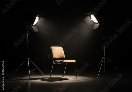 Empty chair under a harsh spotlight representing intense pressure, difficult scrutiny, and a challenging position of accountability ,office ,stress ,studio