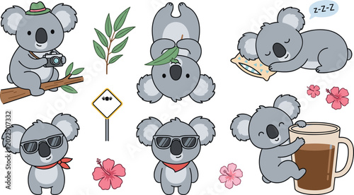 Canvas Print Cute Koala Illustration Set with Relaxing, Sleeping, Coffee, and Nature Themes f