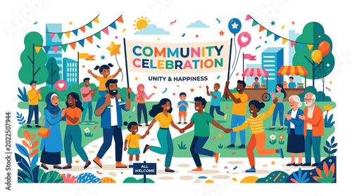 A vibrant community celebration with diverse people dancing and having fun in a colorful park setting with festive decorations and joyful atmosphere