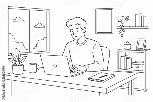Foto Young man working on laptop in home office line art vector illustration