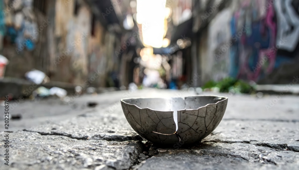 Obraz premium Broken Bowl on Cracked Pavement in Urban Slum Setting.