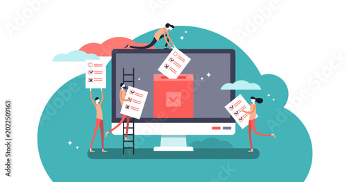 Canvastavla Online voting mini people concept flat illustration with computer screen,voting box and voters making decisions, transparent background