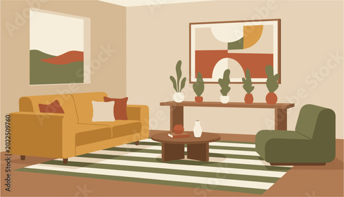 Mid-century modern living room with abstract art and plants during daytime in calm interior