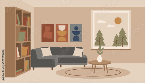 Modern living room with bookshelf and abstract art during daylight with window view