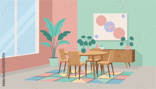 Bild auf Leinwand Modern dining room with plants and abstract art in soft pastel colors