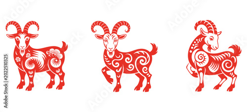 goat chinese zodiac set, red paper cut style sheep illustrations for lunar new year celebrations. Traditional asian vector icons, festive animal symbols, decorative oriental design collection.