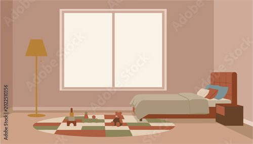 Child's bedroom with toys and bed during daytime with soft natural light from window