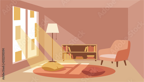 Photos Warm sunlight streams through a window into a cozy living room with a chair and
