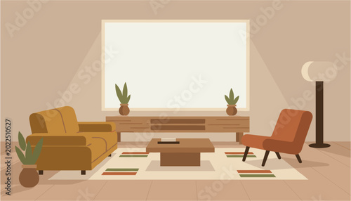 Mid-century modern living room with sofa and armchair against a blank wall for copy space