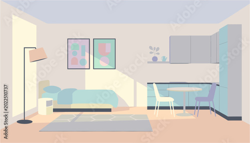 Minimalist studio apartment interior with natural light and pastel decor for cozy living
