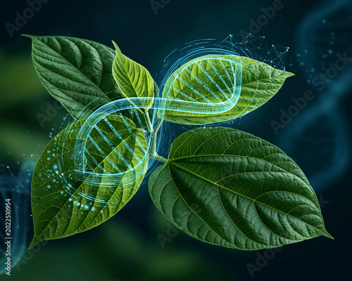 Botanical leaves with glowing biotech interface and DNA overlay showcasing futuristic nature science and advanced wellness innovation concept