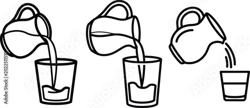 Obraz na plátne Line art illustration of pouring water from jug into glass in three stages