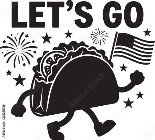 4th of July, American Flag, Running Taco Illustration, Patriotic Food, Independence Day Icon
