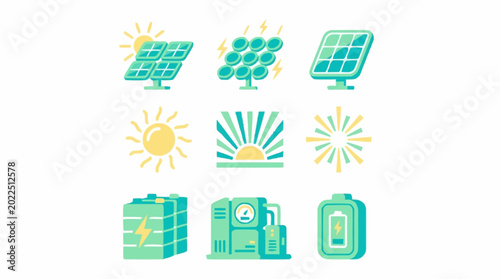 Foto Collection of flat design icons representing solar energy and power generation, including solar panels, batteries, and sun symbols