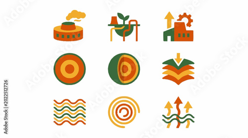 Set of icons representing industrial processes, earth layers, and energy flow.