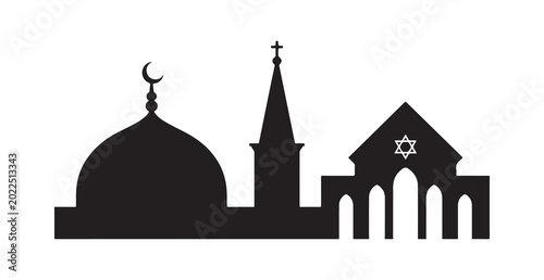 фотографія Silhouette of Mosque Church and Synagogue Representing Interreligious Harmony