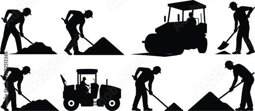 Obraz na płótnie Highway Maintenance and Road Construction Silhouette Set with Laborers Shoveling