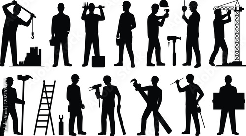 Εκτύπωση καμβά Industrial Construction Workers and Tradesmen Silhouette Icon Set Operating Towe