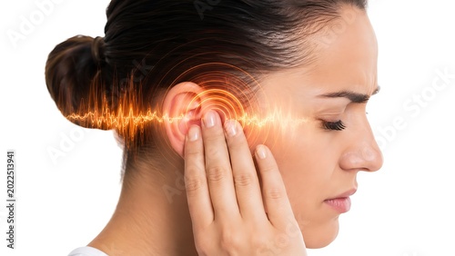 Woman suffering from tinnitus ear pain with glowing sound waves graphic concept