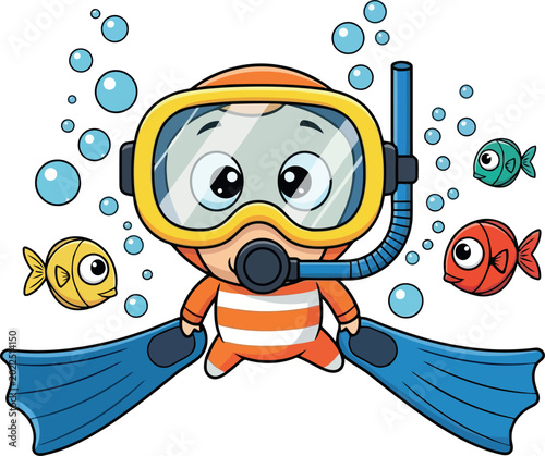 Cartoon character snorkeling with fish and bubbles