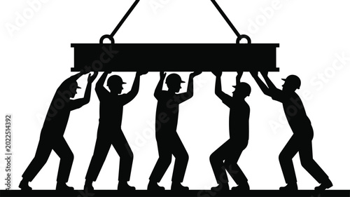 Tableau sur toile Industrial Ironworkers Silhouette Team Lifting Heavy Steel Girder Beam Supported