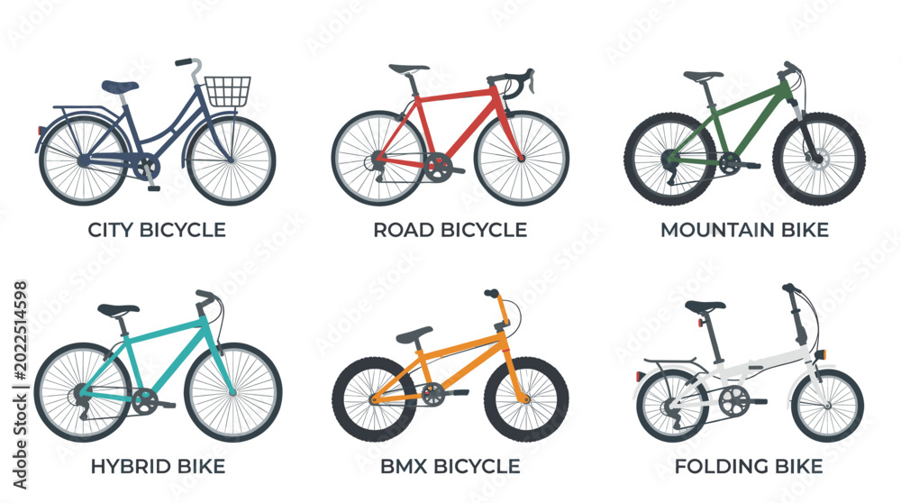 Fototapeta premium Bicycle Types Flat Vector Icon Set