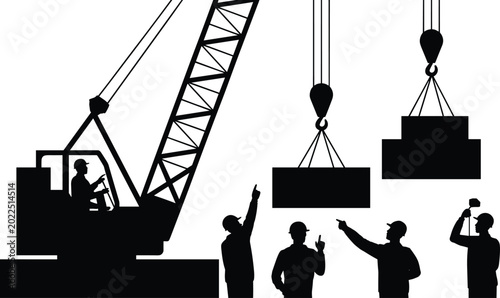 Photos Industrial Mobile Crane Operators and Riggers Silhouette Set with Construction W