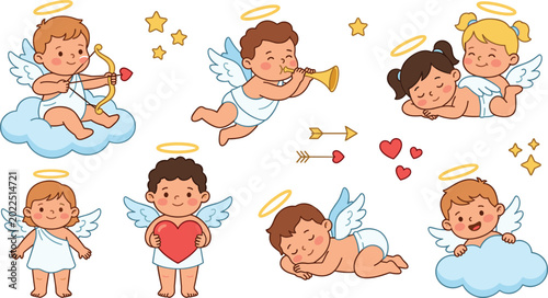 Fotografia Cute Angelic Cherub Illustration Set with Love, Arrows, and Heavenly Themes for