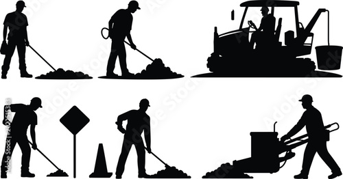 Photos Roadwork Maintenance Workers Silhouette Set Shoveling Asphalt Mounds Operating H