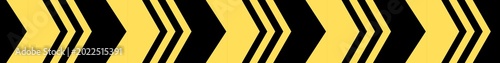 High visibility horizontal arrow tape, repeating black and yellow chevron pattern pointing to the right. Used on traffic barriers, sharp curves, and construction zones to guide drivers.