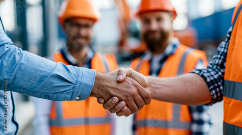 Close-up of a logistics team handshake between warehouse workers in safety vests and hard hats at a shipping dock, freight transport cooperation concept, logistics partnership