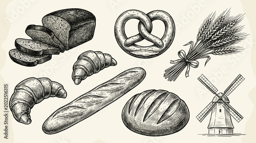 Fotografía Vintage bakery vector illustration set featuring hand drawn baguette croissant p