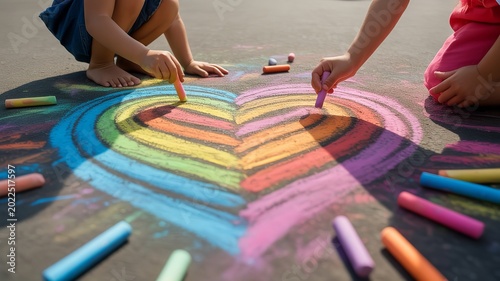 Children drawing rainbow heart with colorful sidewalk chalk outdoors creative art play vibrant summer activity